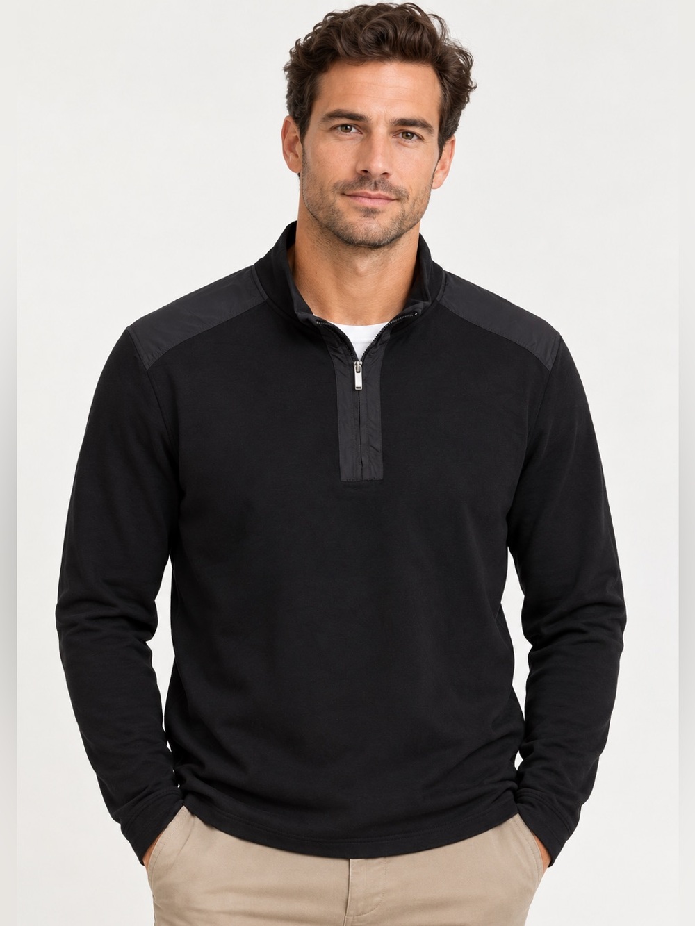 Magaschoni Men’s XXL Black Quarter-Zip Pullover Contrasting Shoulder Panels